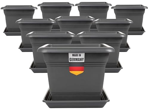 2friends Tomatentopf mit Untersetzer 28x28 cm â€“ 10er Set Anthrazit Pflanzkübel Eckig Blumentopf für Tomaten und Blumen Stabil Kübel mit Ablaufsystem für Balkon & Garten