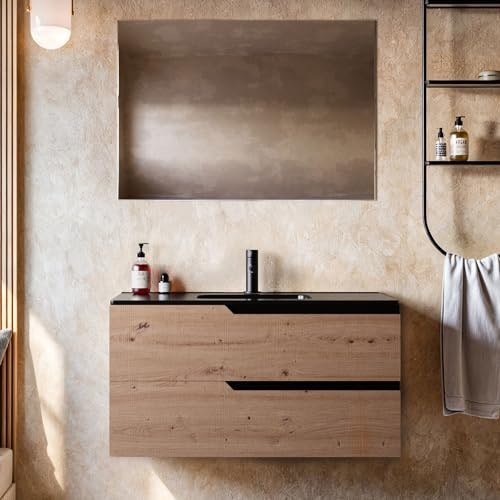 OLIMPO DOCCE - Mobile Bagno 100cm Sospeso Rovere Cartagena Lavabo Nero Opaco - Jaguar - Senza Specchio