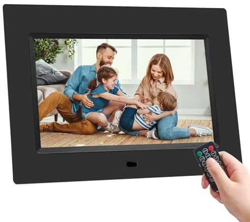Digitaler Bilderrahmen 7 Zoll HD IPS Display Elektronischer Fotorahmen mit Fernbedienung Video Musik Wiedergabe mit USB SD Kartensteckplätzen Kalender Uhrzeit Alarm (Schwarz)