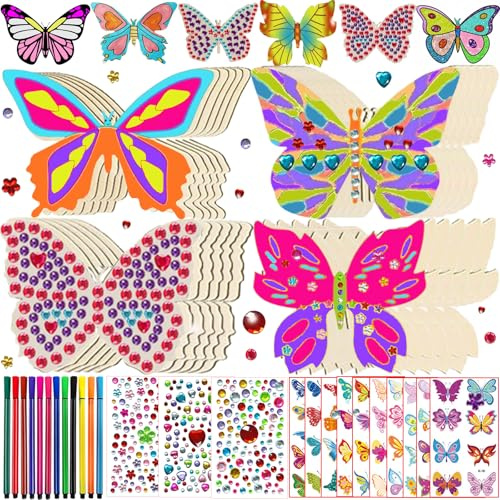 FZYESNO Schmetterling Bastelsets für Kinder, 392 Schmetterlinge Deko, Kindergeburtstag Basteln, mit 354 Strasssteine, 24 Holz, 12 Aquarellstifte, 2 Aufkleber, Holz Basteln Kinder für 4-12 Jahren
