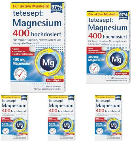 tetesept Magnesium 400 hochdosiert – Nahrungsergänzungsmittel mit Magnesium – leicht schluckbare Magnesium Tabletten für aktive, normale Muskeln*– 1 x 30 Tabletten (Packung mit 5)