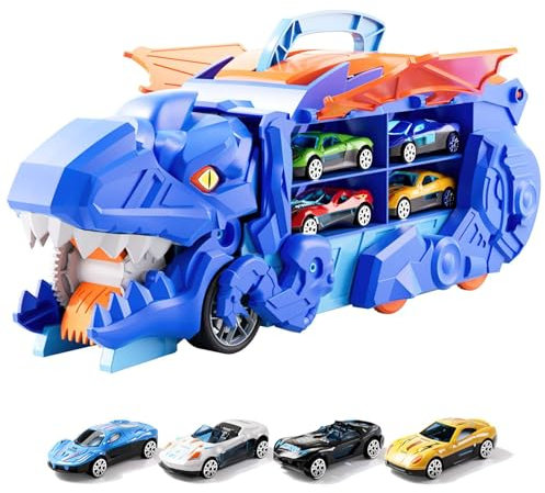 Dinosaur Truck Toys for Kids age 3-8, Portable Dinosaur Race Track Truck Toy Car, Toys Cars Track Set D-inosaur Transporter Truck Toy, Toddler C-ar Toys Set for Kids Boys Girls (4pcs cars)
