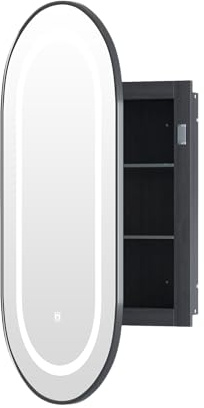 KEEPREAPER ovaler Spiegelschrank Bad mit Beleuchtung, Badschrank schwarz | eingelassen mit 3 Ablage, Badezimmerschrank hängend für Badezimmer, 42x13x80cm