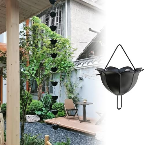 ENSDIEPLS Rain Catcher Chain Lotus Large Cup Black Rain Gutter Chains with Hook, Decorative Water Feature Downpipe for Roof, Adjustable Outside Rain Chimes 1m