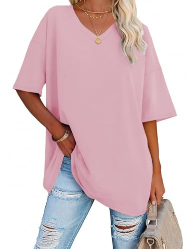 iudam Oversize T-shirt Dam med V-ringning Sommar Longshirt Kortärm Överdimensionerad överdel Avslappnad Sport Toppar Casual Tee Shirts Blusar, ROSA, 3XL