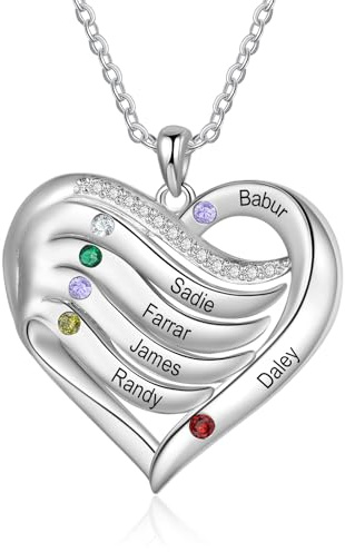 kaululu Personalisierte Damen Kette mit Gravur von Namen Herz-Anhänger Familien-Halskette mit Geburtsstein für Mama Muttertagsgeschenke Personalisierter Damen Schmuck