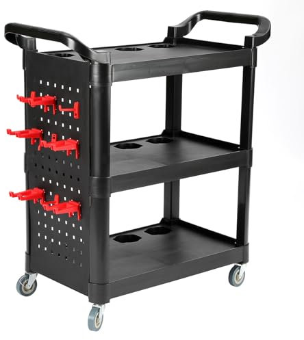 3 Level Workshop Garage Tool Storage Trolley Cart Plastic, Heavy Duty Rolling Tools Trolleys Carts on Wheel with 8pcs Hooks and Hanging Plate, Push Along Utility Cart w/ 2 Side Handles