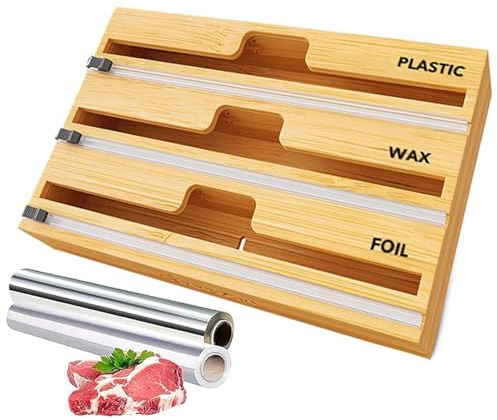 Coupe-Film Distributeur De Film Alimentaire Rangement Papier Alu Et Film Alimentaire pour Organisateur d'emballage De Cuisine en Bambou pour Papier Alimentaire, Alu, Papier De Cuisson
