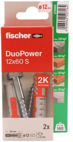 fischer - Duopower 12x60 con vite - 2U, tasselli da parete multimateriale, servono per appendere biciclette, quadri, armadi, supporti TV, scaffali, mobili.