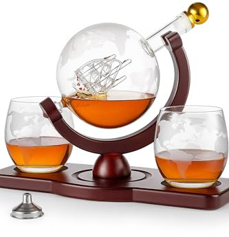 Whisky Karaffe Globus Geschenkset mit 2 Gläsern | Geschenke für Männer, Männergeschenke Geschenk - Whiskey Dekanter mit Schiff & Holzständer
