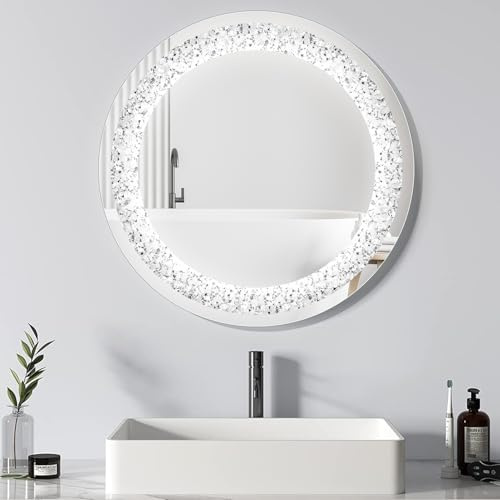 Litglobe Dekorative Kristallspiegel 60×60cm,6500K Kaltweiß Dekorative Wandspiegel with EU Stecker,Silber Diamant Spiegel,Rahmenlose Spiegel,Modern Hängespiege für Flur Schlafzimmer Wohnzimmer