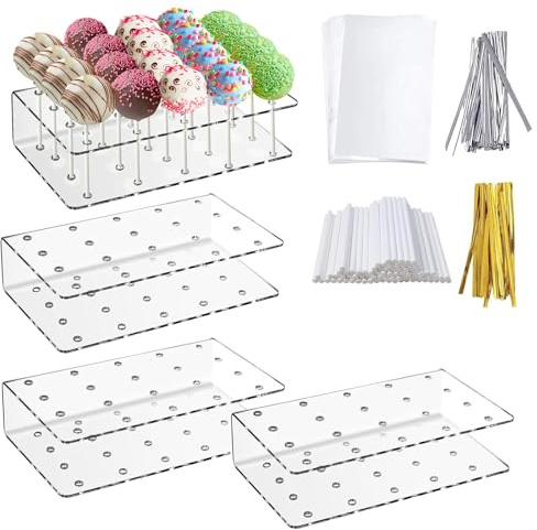 CafullCon 4 Stück Cake Pop Ständer, 20 Löcher Acryl Lollipop ständer mit 100 Cake Pop Stielemit & 100 Lollipop-Tüten & 100 Twist Krawatten für Hochzeit Geburtstag Halloween Dessert Tisch Party Deko