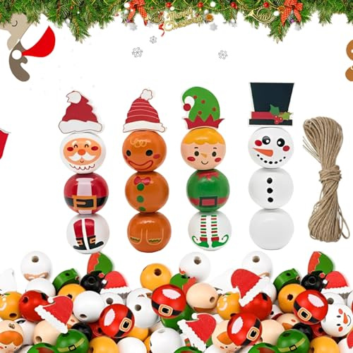 80 Stück Bastelset Weihnachten, Weihnachten Holzperlen, Schneemann Ingwerkuchenmann Weihnachtsmann und Clown Holzkugeln mit Hanfseil, Weihnachtsperlen Deko Perlen Girlande DIY zum Basteln Party Dekor