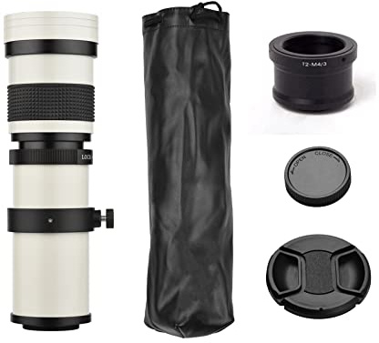 RASTKY Manuell Fokus Telezoomobjektiv, Supertelezoomobjektiv 420-800 Mm T2-fäste med M4/3-adapter för G9 GH5 II GX7 GX8 GX9 GX850 G90 G91 G95 G100 (Vit)