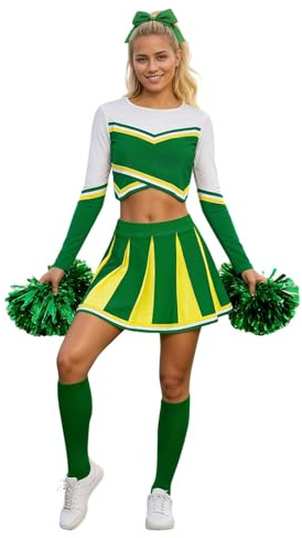 Cheerleader Kostüm Damen, Karneval Kostüm Damen Fasching Cheerleading Set mit Cheerleader Pompons, Kleid/Crop Top, Faltenrock Kurz - Cheerleadering Faschingskostüme für Mottopartys, Sportveranstaltung