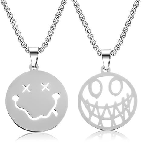 ZUWIJEQ 2 Pcs Halskette Herren, Bff Ketten Für 2, Freundschaftskette,Edelstahl Halskette Für Herren Mit Smiley-Anhänger, Geeignet Für Paare, Hip-Hop-Punk-Stil, Schlicht Und Modisch, Schmuck Geschenk