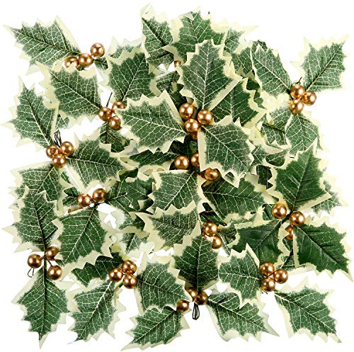 Pangda 30 Pieces Artificial Holly Berry with Green Leaves for Christmas Wreath Arrangement Cake Toppers Craft Wedding Party Decorations (Gold)