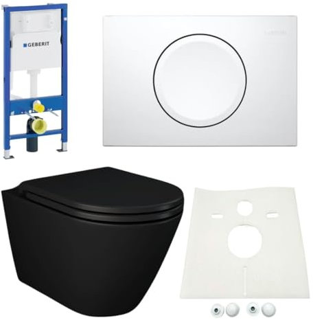 Vorwandelement + NERO WC spülrandlos schwarz matt + Drückerplatte + WC-Sitz Delta11