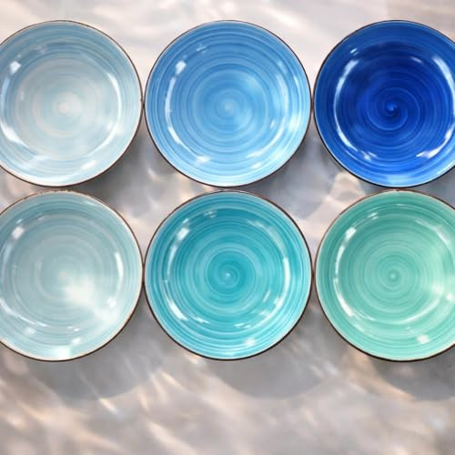 DRULINE 6er-Set Sky Suppenteller Maritime Blautöne | 750 ml | Ø 21.5 cm | Salatteller rund | Servier-Schale | Steingut-Teller |Tiefteller,Premium Porzellan Pastateller, Salatschalen & Servierschalen