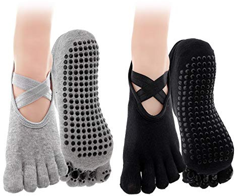 YINETTECH 2 Paar Anti-Rutsch Yoga 5 Zehen Socken Set Damen Vollzehen Workout Grau + Schwarz