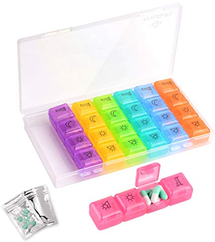 PHILORN Medikamentendosierer 7 Tage & 4-mal Täglich, Medikamenten-Box, Pillendose, Tablettendose, Wochendosierer, Tablettenbox - BPA-frei, Großes Fach, Feuchtigkeitsbeständig