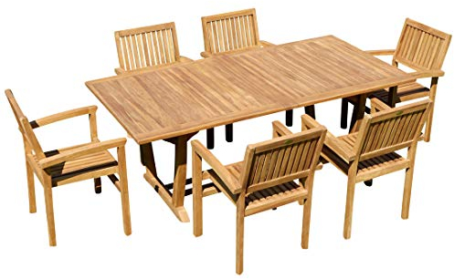 ASS ALEOS. Teak Set Gartengarnitur Gartenset Sitzgruppe Gartentisch Tobago 180-240x100 cm mit 6 Stapelsessel Miami Teakholz Gartenmöbelset Esstischgruppe Sessel stapelbar Ausziehtisch