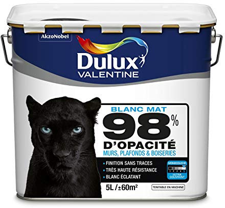 Dulux Valentine Peinture 98% d'Opacité - Murs, Plafonds, Boiseries - Mat Blanc 5L 5255716