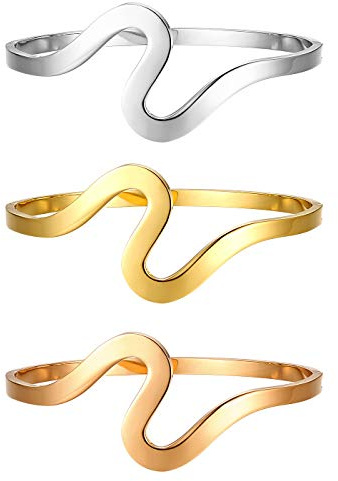 JewelryWe Schmuck 3 Stück Damen Armreif Einfache Glänzende Wellen Charm Edelstahl Manschette Armband Armspange mit Gravur für Frauen Mädchen Silber Gold Rosegold
