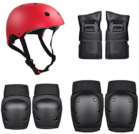 Kaiyei Kinder Skateboard Protektoren 7-teiliges Set, Helm & Knieschützer & Handgelenkschoner & Ellbogenschoner Schutzausrüstung für Rollschuhe Fahrrad Inliner Skate Rot + Schwarz L