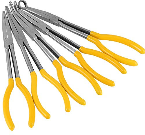 HAKZEON 5 PCS 11 Inch Long Reach Hose Grip Pliers, Long Needle Nose Pliers Set, Straight, 25/ /45/90 Degrees and Round Plier, Offset Spark Plug Boot Removal Plier