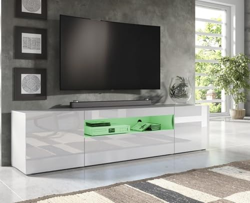 Furneo Clifton 08 – 200 cm Long TV Stand Unit Cabinet, Matt & High Gloss White Finish, RGB (Multicoloured) LED Lights
