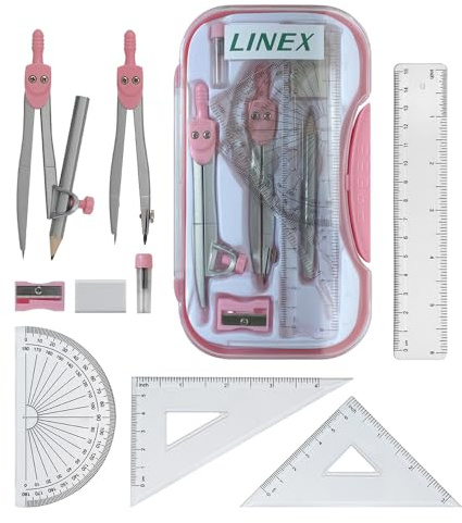 Linex Maths Geometry Set, 10-Piece Exam Kit with Transparent Case, Pink, Includes Self-Centring Compasses, Protractor, Ruler, Set Squares & Eraser