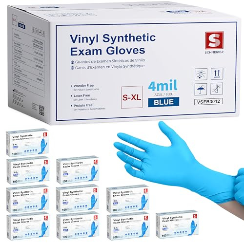 Schneider Blue Vinyl Synthetic Exam Gloves, Case of 1000, 4-mil, Powder-Free, Latex-Free, Non-Sterile, Disposable Gloves