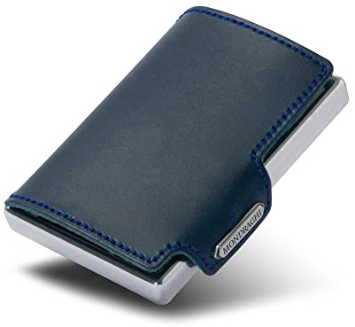 MONDRAGHI® Mini-Wallet. Ultraleichte Geldbörse mit Narbenleder. Kleiner Geldbeutel mit RFID-Schutz-Chip - Kartenetui mit Leichtmetallrahmen | Elegance Blu