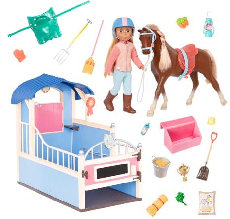 Glitter Girls Milla & Milkyway mit Pferdestall, Puppe mit Pferd | Reitspielset mit 36 cm großer Puppe, Pferd, Pferdestall und Zubehör zum Pflegen, Füttern und Spielen im Stall, 3+ Jahre