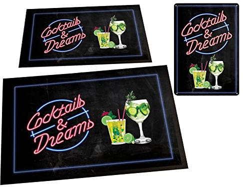 Cocktails & Dreams Home Bar Set - Bar Mat + Paillasson + Assiette en métal A4
