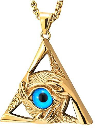 COOLSTEELANDBEYOND Colore Oro Protezione Malocchio Mano Triangolo Ciondolo, Collana con Pendente da Uomo Donna, Acciaio, Catena Grano 75cm