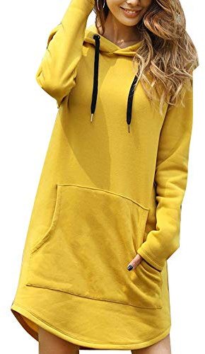 ticticlily Robe Pull Femme Sweat à Capuche Manches Longues et Col Rond avec Cordon Haut Robe Tunique Courte avec Poches Casual Hoodie Pulli Couleur Unie Grande Taille C Jaune 3XL