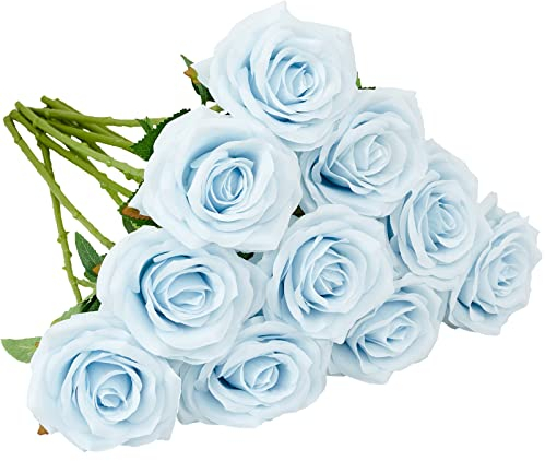 IUKnot Künstliche Rosen, offener Blumenstrauß, künstliche Rosenstiele für Hochzeitsarrangement, Brautstrauß, Tafelaufsatz, künstliche Seidenblumen, 10 Stück, eisblau