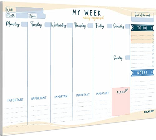 PACKLIST® Weekly Planner Pad A4 - Stylish Undated Weekly Organiser, 52 Pages for Home, Study, Work & Family Plans - Beautiful Timetable Planner & Notes to Stay Organised & to Boost your Productivity