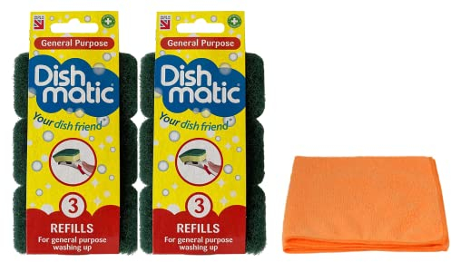 Dishmatic Lot de 6 recharges de brosses à vaisselle à remplir – Recharges de brosses à usage général – avec chiffon de nettoyage en microfibre ultra absorbant