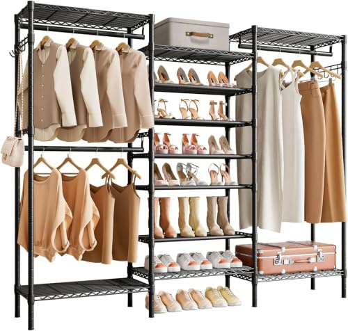 Forthcan Heavy Duty Clothes Rail, with Shoe Rack, Adjustable Shelves, Black | Freestanding Clothes Rail Coat Rails Clothing Closet Storage Organizer Large Wardrobe with Hanging Rod