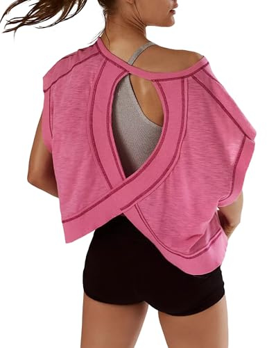 Kumufenc Womens Oversized Tshirts Workout Batwing Sleeve Gym Shirts Boat Neck Slouchy Tees Open Back Athletic Top Rose Red M