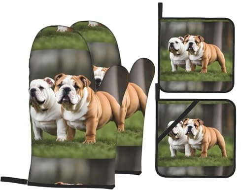 WZYWHJ Ofenhandschuhe und Topflappen, 4er-Set, Ofenhandschuhe, Topflappen und Ofenhandschuhe für Küche, Backen, Kochen, Grillen, englische Bulldoggen