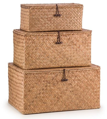 Woodluv Set of 3 Seagrass Storage Box with Lid, Lightweight Woven Basket for Shelves, Lidded Organiser Hamper Baskets, Brown