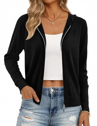 Aottori Cardigan Donna con Zip Maglione Cerniera Leggero Giacca in Maglia Elegante Golfino a Maniche Lunghe Pullover Aperta Casual per Primavera Autunno Nero M