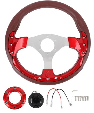 13-Zoll-Autorennen-Lenkrad, 6-Schrauben-Universal-Autolenkrad mit Hupenknopf, Lenkradersatz, PU-Leder und Aluminium (Rot)