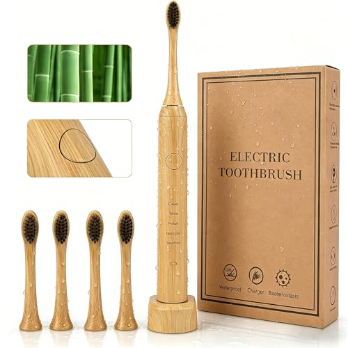 Brosse à Dents Électrique en Bambou Écologique Technologie Sonique 40000 VPM 5 Modes de Nettoyage avec Minuteur 2 Min Étanche IPX7 Nettoyage Profond et Blanchiment (brosse à dents)