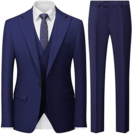 MODFUL - Traje de hombre de 3 piezas, corte slim fit, de un botón, para negocios, smoking, chaqueta de boda, chaleco y pantalones, azul marino, 3XL