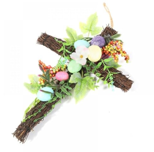 Religiöser Türkranz mit Kreuz, 30 cm, Grapevine-Kranz mit Schleife, Blumen und Eiern, Künstliche Blumen Frühlingsdeko (1)
